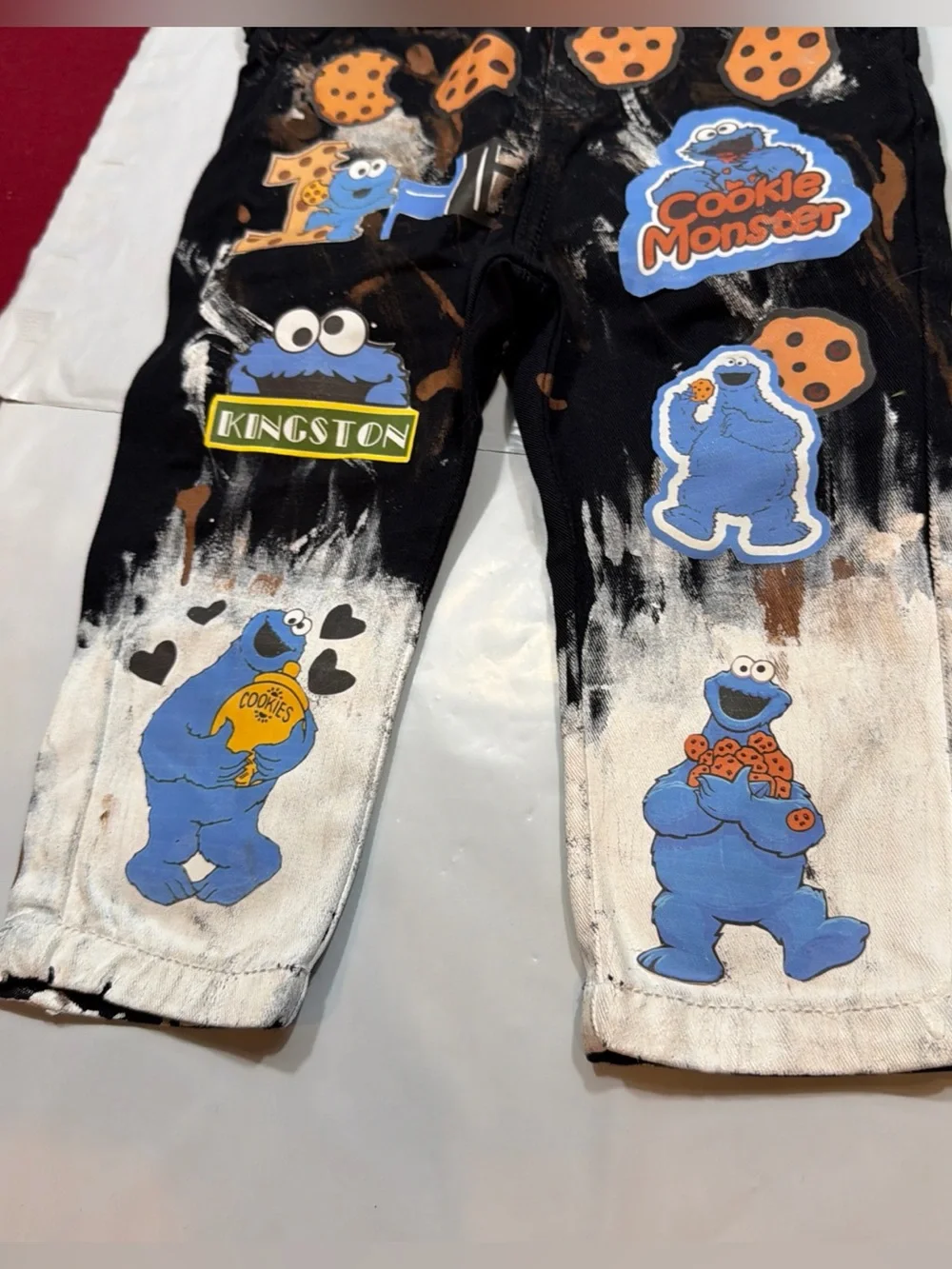 OFFCORSS BLACK denim bib overall jeans white tan paint splatters COOKIE MONSTER